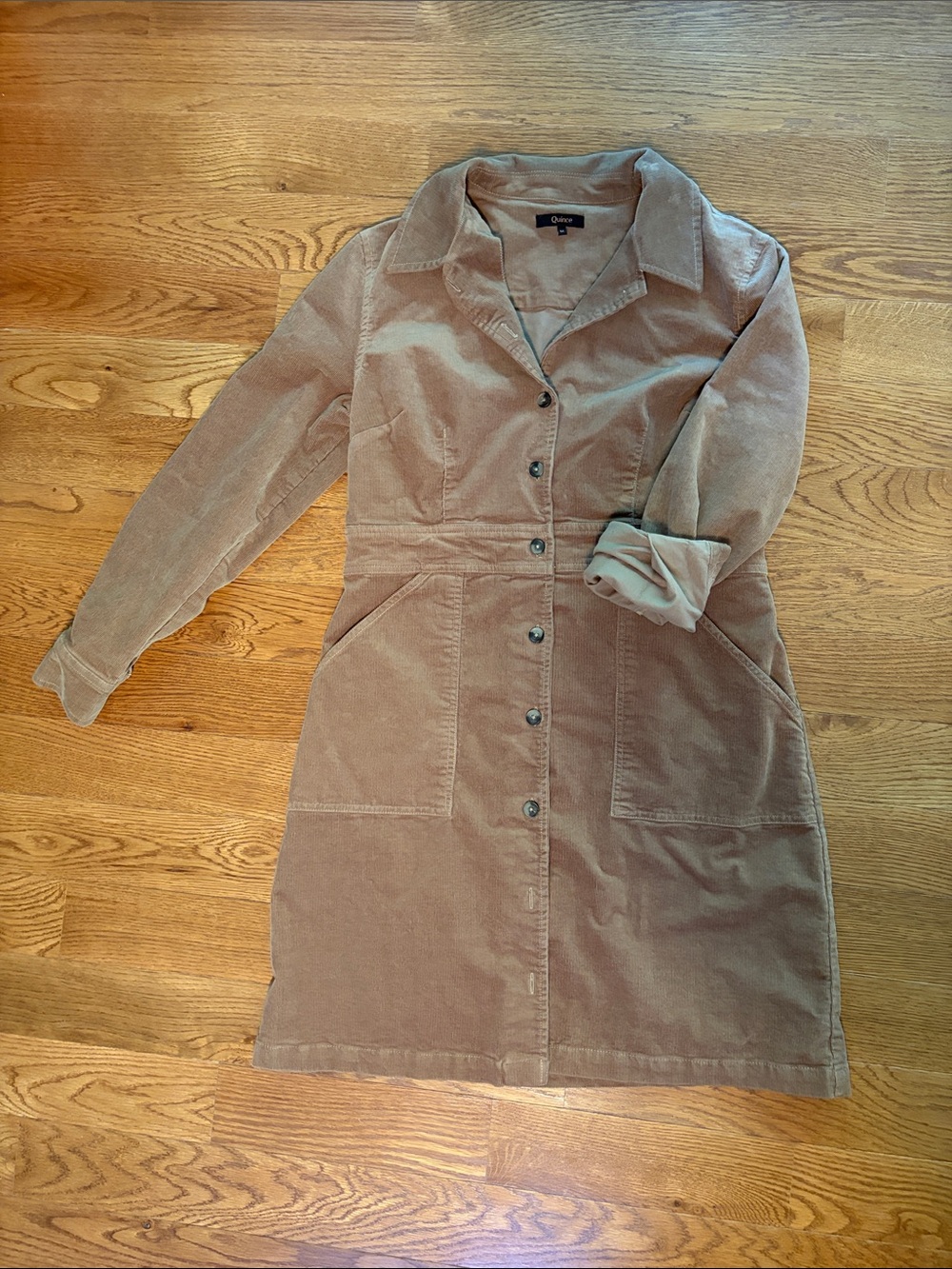 Quince Women's Warm Brown Stretch Corduroy Button-Front Shirt Dress